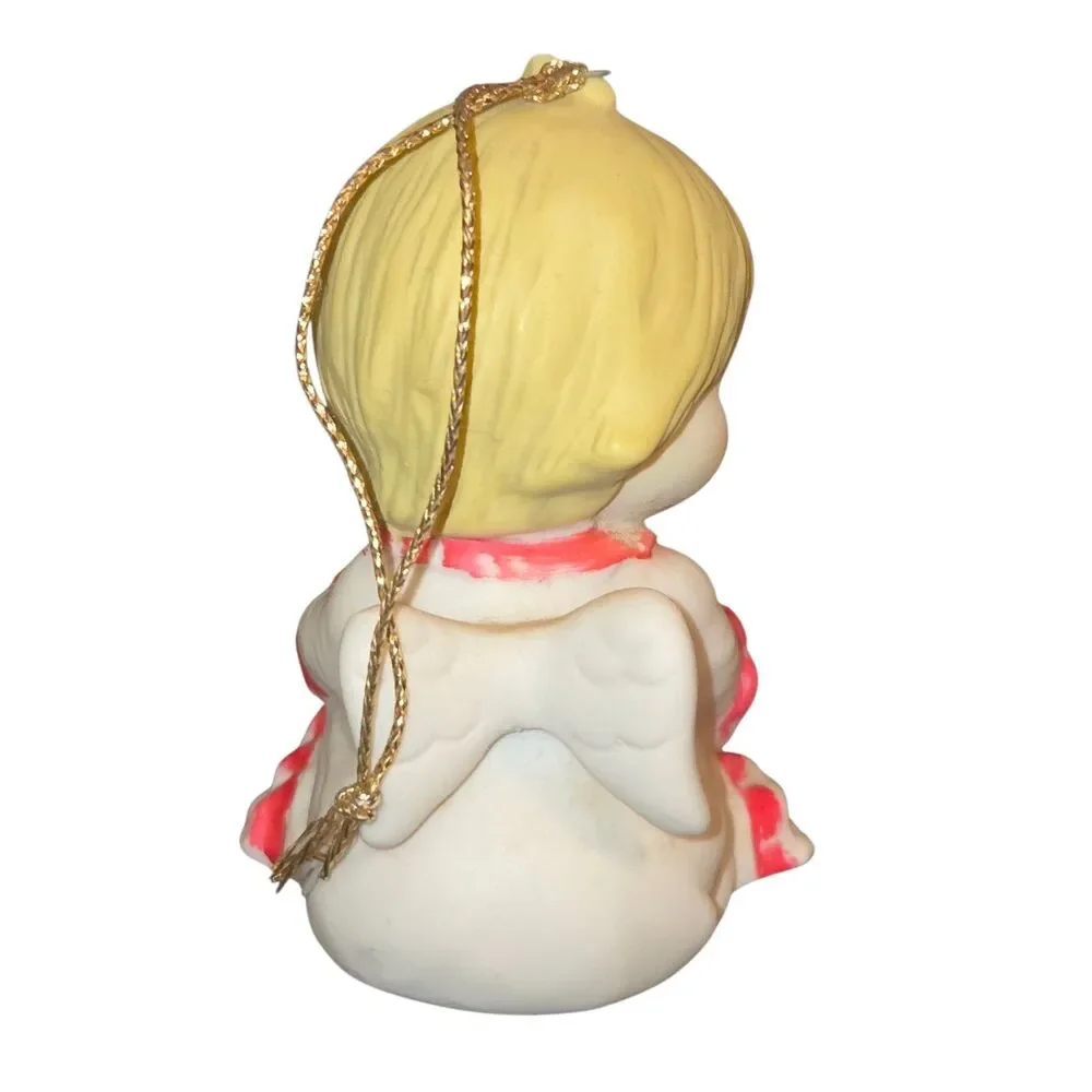 Vintage Pair of Red & White Porcelain Angel‎ Baby Cherub Christmas Ornaments